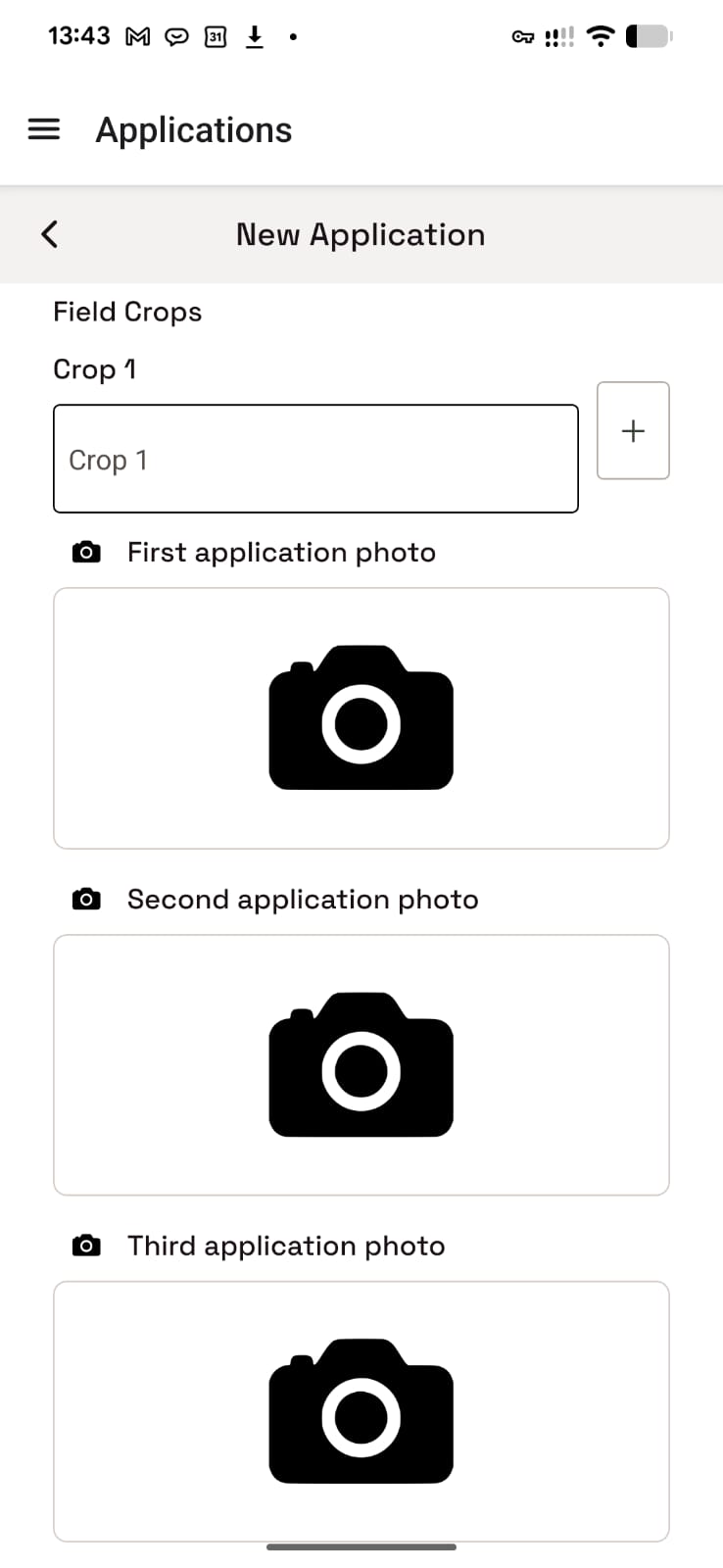Application form fields for crops and four evidence photos
