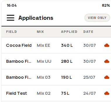 View-only application list with field, mixture, applied quantity, and date