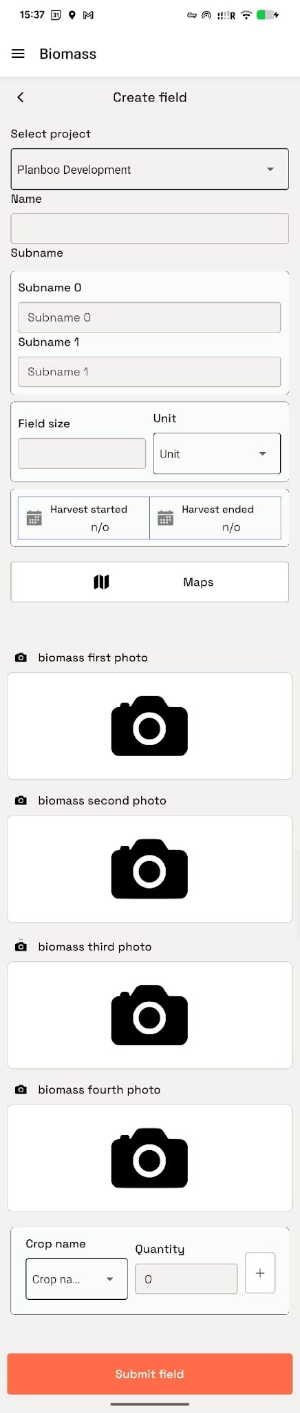 Create facility form with project, address, owner, map, and biomass photo controls
