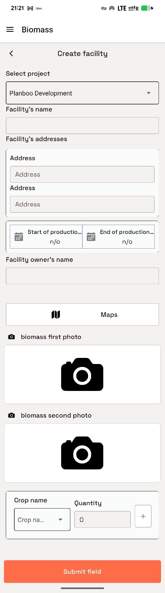 Long facility form showing the map and biomass photo controls