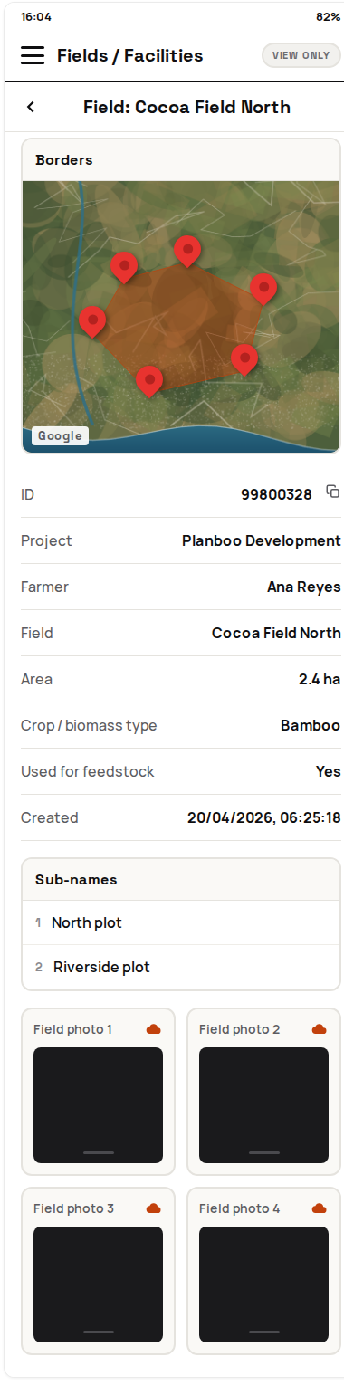 View-only field detail showing its boundary, identifiers, and submitted evidence