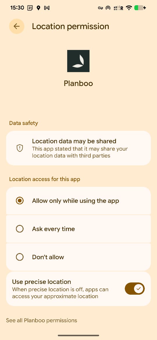 Android location permission with Allow only while using the app selected