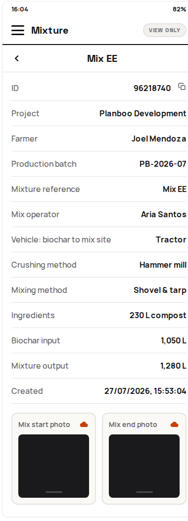 View-only mixture detail with identifiers, methods, volumes, and evidence