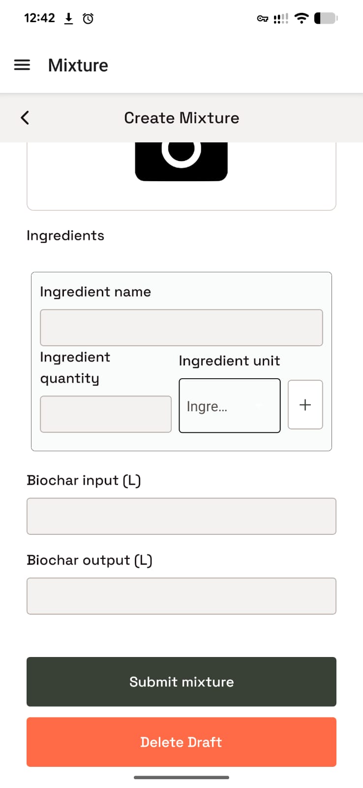 Mixture quantity fields and Submit mixture and Delete Draft actions