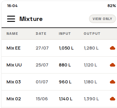 View-only mixture list with date, input, and output