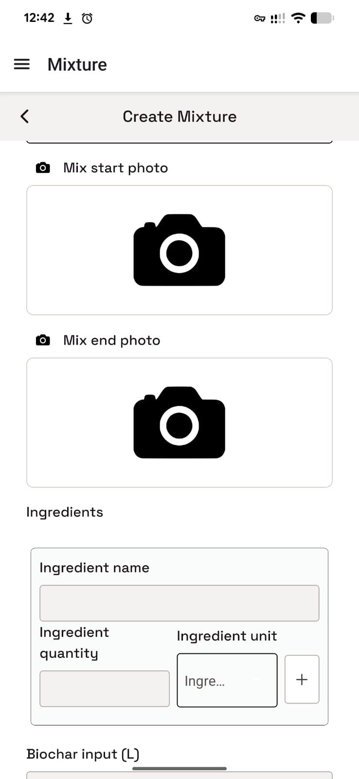 Mixture process fields for start and end photos and ingredient rows