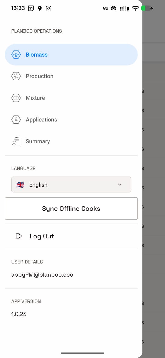Planboo mobile navigation drawer showing operational sections and Sync Offline Cooks