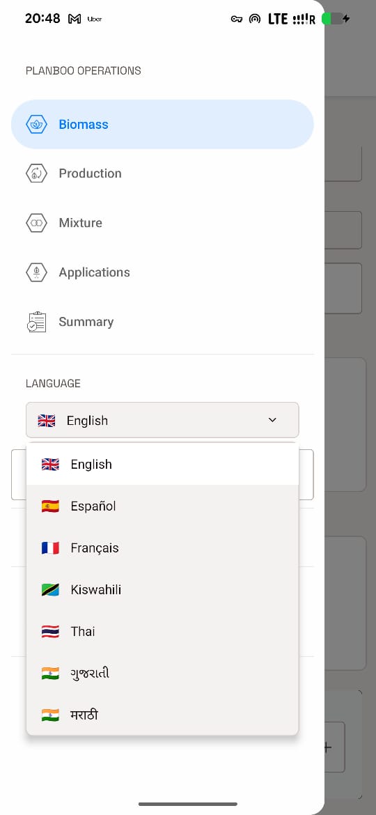Planboo mobile navigation drawer with the language selector expanded