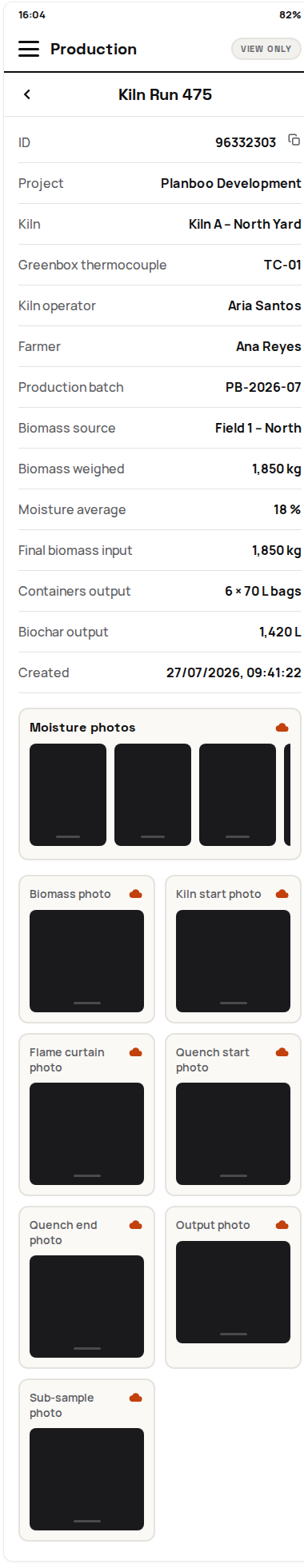 View-only production detail with measurements and evidence photos